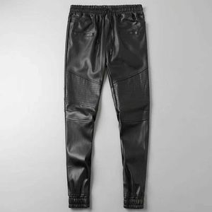 Men's Pants Mens leather pants high-quality elastic waist jogging pants PU leather pants bicycle pants waterproofL2405