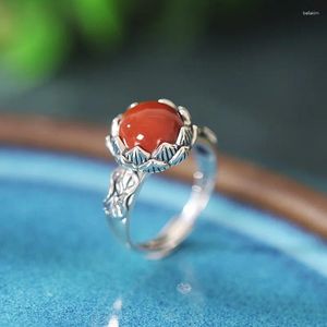 Cluster Rings JZ248 ZFSILVER THAI SILVER S925 South Red Agate Hetian Jade Jasper Turquoise Lotus Leaf Round Women Wedding Party Jewelry