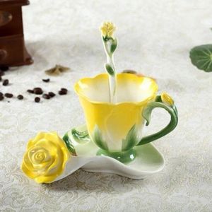 Kubki 1PC High Beauty Ceramiczna ulga w kształcie róży WWARK STORNOWY RESTAPERONATER POTRZYMAJ STAWKI Herbata Flower Coffee Cup Talerz z łyżką