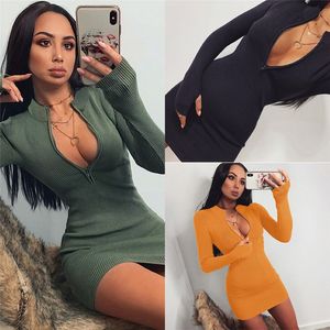 Women Winter Fall BodyCon Ribbed Dress 2021 New Stand Collar Dxhet Djup V-ringning Solid Stretch Bodycon Pencil Party Mini Vestido 258D