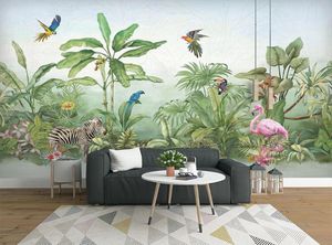 Papel de parede mural personalizado 3D pintada à mão Tropical Rainforest Plants Flores e pássaros Papéis de parede de animais da sala de estar TV mural4162868