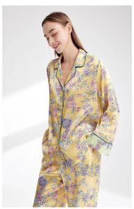 Home Clothing Herbst Mulberry Silk Women Pyjama Print Long Pyjama Lapel Button Strickjacken Outfits Loungewear PJS rein 2 Stück Pyjamas Set