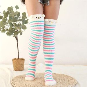 Women Socks Women's Coral Fleece Thickened Cartoon Striped Stockings For Compression High Thigh Highs