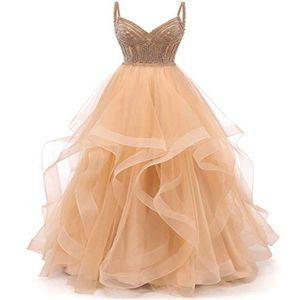 Tulle Crystal Beaded Prom Dresses Tiered Formal Evening Dresses Spaghetti Strap Ball Gown 266n