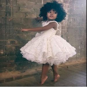Gorgeous White Lace Flower Girl Dresses 2017 Ruffles Knee Length Black Girls Prom Party Dresses Kids Formal Wear Custom Made Baby Gowns 244S