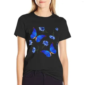 Kvinnors polos blå fjärilar och blommor. T-shirt rolig blus anime kläder svart t skjortor för kvinnor