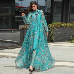 Etniska kläder Nya anländer Chiffon Long Slve Floral Print Dress Boho Plus Size Women Beach Party Garden Abaya Kaftan Elegant Vestidos Robes T240510