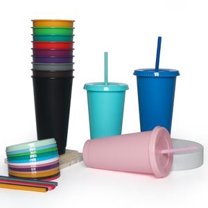 24Oz Ice Cold Drink Plastic Acrylic PP Cup Solid Color 710ml再利用可能なフロストBPA無料のプラスチックサマーカップと蓋とストロー