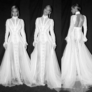 Sukienki wieczorne syreny z długim rękawem bez pleców wysokiej szyi koronkowe aplikacje Beyonce bal mat