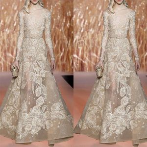 Elie Saab 2018 댄스 파티 드레스 샴페인 깎아 지른 바다 저 롱 슬리브 공식적인 드레스 이브닝웨어 착시 플루 -길이 파티 가운 새시 307a