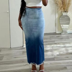 SKIRTS Mulheres gradiente de moda High cintura zíper de volta Bodycon Midi lápis maxi saia jeans longa 2024 street ins Jean