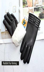 Winter Thickened Warmth Touch Screen Sheepskin Gloves Female Leather White Rabbit Fur Lining Outdoor Windproof Increase Finger 2209268099