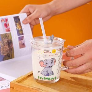 Tassen Cartoon Glass Becher mit Deckelgriff Messen Sie Pipette Kid Milk Tasse Mikrowellen Sie süße Frühstückspulverskala