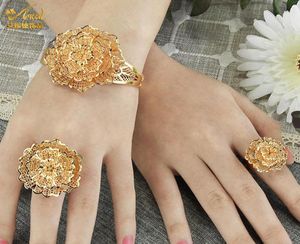 Bangle Dubai Big Armbänder Manschettenknochen Bangles Ring Set Gold Plated Blumen Design Braut Hochzeit Kupferschmuck für Frauen Geschenk1343764