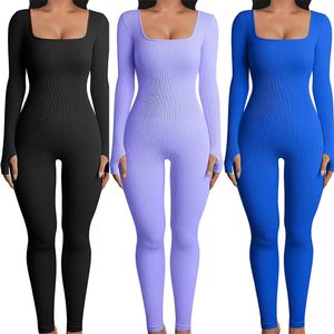 Women Skinny Jumpsuit Solid Color Ribbed Knit Long Sleeve Square Neck Bodycon Jumpsuit Romper Work Out Sport Yoga Playsuits 240511