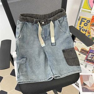 Jeans masculinos 2024 Men Summer moda moda vintage costura jeans shorts altos cálculo masculino reto de perna larga larga G219