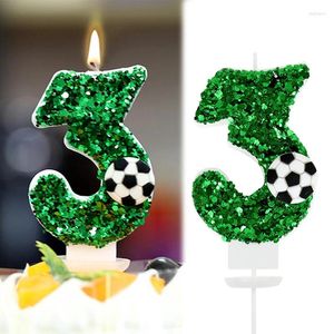 FESTIPES DE FESTIPES Número de aniversário do futebol Velas Green Sparkles 0-9 Toppers de bolo para crianças Ferramentas de panificação de decoração de futebol infantil