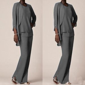 Grey Chiffon Formal Pant Suits For Mother Groom Dresses Evening Wear Long Mother of the Bride Dresses With Jackets Plus Size Custom 294O