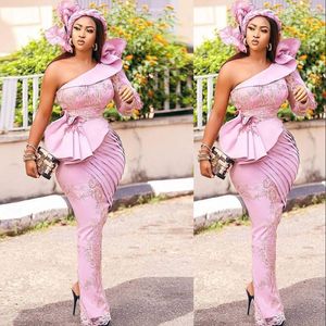 2021 Aso Ebi Pink Mother Of The Bride Dresses One Shoulder Full Lace Appliques Beads Long Sleeve Mermaid Prom Evening Wedding Guest Gow 281G
