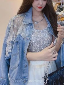 Women Nail Bead Stitching Lace Embroidery Loose Diamond Studded Short Denim Jacket Ladies Sweet Korea Summer Spring 240423