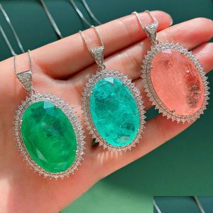 Colares de pingentes Knriquen 925 Sterling Sier 20x30mm Paraiba Tourmaline Emerald Pink Quartz Colar Gemstone Jóias finas para mulheres DHHAP