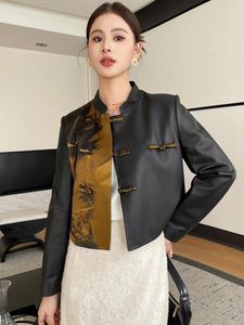Kvinnors läder tryckt Mulberry Silk Spliced ​​Real Sheepskin Coat Women 2024 Trend Retro Stand Collar Cropped äkta jacka