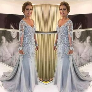 Elegant Blue Silver Mother of the Bride Dresses Long Sleeves 2021 V Neck Godmother Evening Dress Wedding Party Guest Gowns New 202x