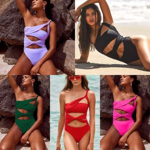 Color Solid Cross Shoulder Hollowed Out One Piece For Women New High Waisted Integrated Swimsuit