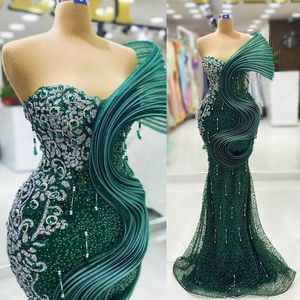 2024 Hunter Green Plus Size Prom Dresses for Special Occasions Promdress One Shoulder Sequined Lace Beaded Tassel Birthday Party Dress Second Reception Gowns AM884