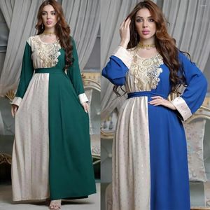 Ethnische Kleidung 2024 Sommer eleganter muslimischer Langarm Patchwork Grüne Blau Polyester Maxi Kleiderkleider Mode Abaya Dubai