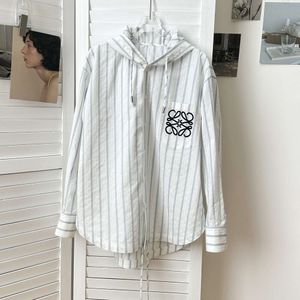 Anfei Ouna 2024 New Light Blue Stripe Pure Cotton Embroidery Contrasting Workwear Wind Hooded Lace up Women's Shirt