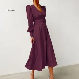 Casual Dresses Women Sexy Single Breasted Dress Party High Waist Satin Lantern Sleeve V Neck Midi