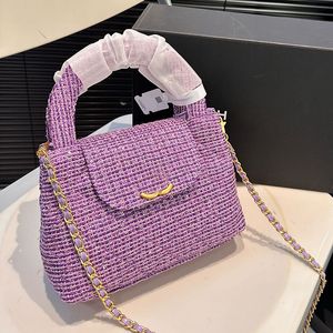 Purple Tweed Women Designer Mini Shopping Bag with Half Round Handle Luxury Tote Gold Hardware Removable Woven Chain Flap Wallet Shoulder Cross Body Handbag 13/21cm