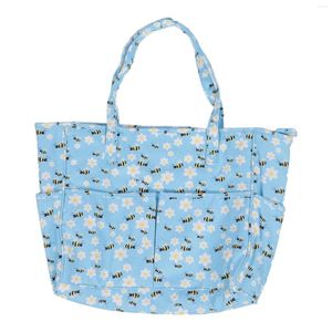 Storage Bags Blue Bee Flower Pattern Bag Large Capacity Portable Luggage Crochet For Hooks Knitting Needles