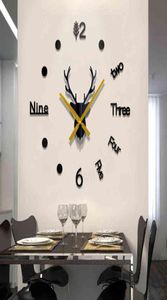 3D Wall Clock Mirror Wall Stickers Deer Head Creative DIY stor väggklocka kvartsklocka Art Decal Sticker vardagsrum Heminredning H1755409