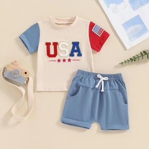 衣料品セット独立記念日の服装夏の子供服の少年短袖刺繍パッチワークTシャツドローストリングショーツ