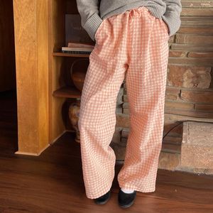 Women's Pants Women Vintage 2000s Aesthetic Wide Leg Casual Loose Elastic Plaid Trousers With Pockets For Work Office Streetwear