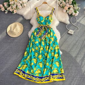 Runway Fashion Maxi Dress Summer Bohemian Spaghetti Strap Lemon Print Sundress Cup Padded Belted Elegant Backless Long Vestidos 240510