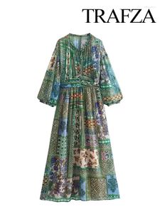 Повседневные платья Trafza Женщины элегантные шикарные шнурки с длинным рукавом с длинным рукавом Midi Woman Vintage Elastic Thist