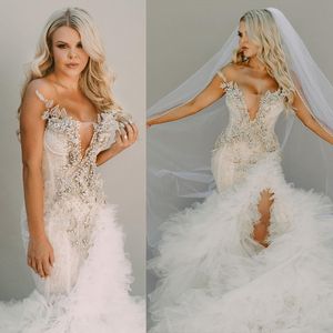 2024 Plus Size Mermaid Wedding Dress Brudklänningar för brud Illusion Sweetheart Halsbindning Sidan Split Ruffles Pärlade spetspärlor Bröllopsklänningar för äktenskap D249