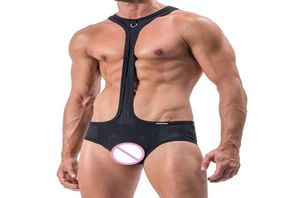 Men039s Body Shapers Mens Sexy Black Mesh Wrestling Breathable Singlet Hole Elastic Bodysuit Male Jockstrap Underwear Erotic Bo5493401