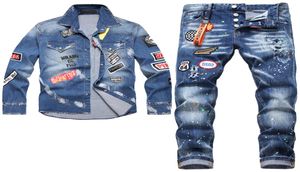 2022 Tracksuits Summer Men039S Shirt Jeans 2 Piece Set Fashion Casual Long Sleeve Lapel Denim Cardigan och Ripped Male Pan5014808