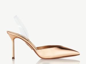 Summer Luxury V Plexi Sling Gold Leather Secured by Transparent PVC Slingback Straps Slingback Straps skor Perfekt dam Lågklippta hög klackar Fest Wedding