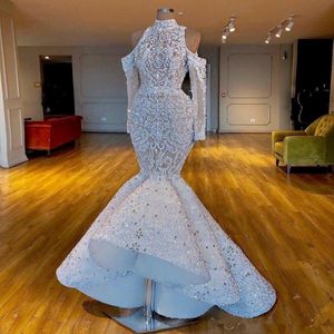 고급 인어 2020 새로운 아프리카 두바이 웨딩 드레스 하이 목 구슬 크리스탈 신부 드레스 긴 소매 웨딩 드레스 2057 217Q