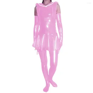 Sukienki robocze Kobiety Pvc Faux skóra seksowna dolna obrońca bez rękawów Mini sukienki Strockings Rękawice Zestaw kostiumów Cosplay High Street Cosplay S-7xl