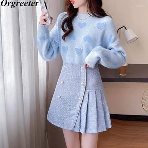 Work Dresses Vetement Femme 2024 Fall Winter Love Pattern Jacquard Mohair Knit Sweater Pleated Tweed Mini Skirt Suits Sweet 2 Piece Set