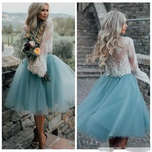 2019 Two Piece Homecoming Dresses Long Sleeves Lace Jewel A Line Tulle Cocktail Party Ball Short Green White Custom Made 269K