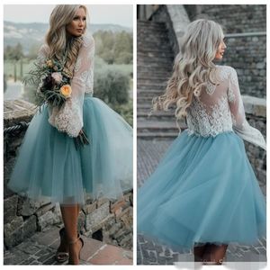 2019 Two Piece Homecoming Dresses Long Sleeves Lace Jewel A Line Tulle Cocktail Party Ball Gown Short Green White Custom Made 269K