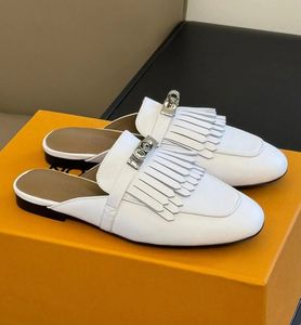 Elegant Brand Women Oz Mule Flats Palladium-plated Kelly Buckle Sandals Shoes Calfskin Leather Slippers Slip On Casual Walking EU35-42