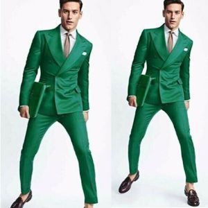 Green Strip Wedding Tuxedos 2 stycken Double Breasted Peaked Lapel Groom Wear Party Prom Best Men Blazer Surejacket Pants 334N